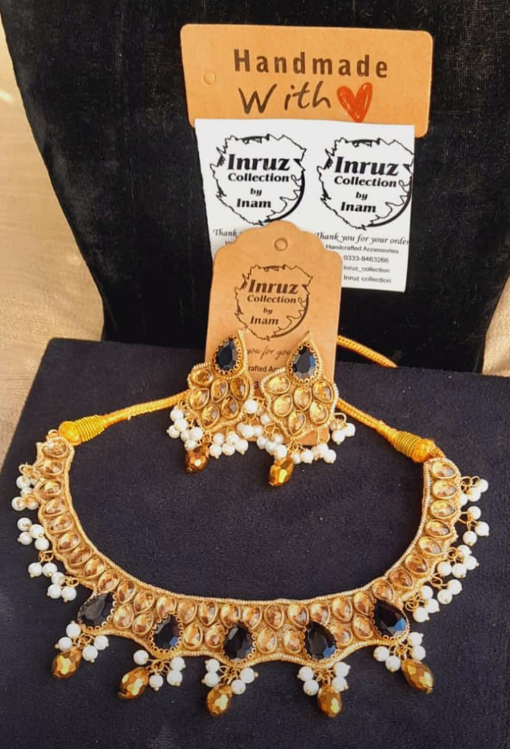 Gold & Black Neckwear Set with Trendy Earrings β Champagne Kundan Elegance (IR218)