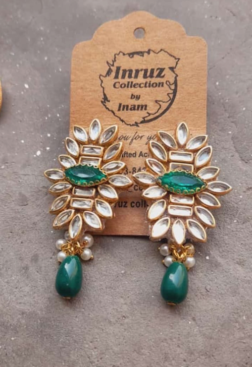Eye Shape Kundan Flower Earrings with Drop Bead β Customizable Colors (IR225)