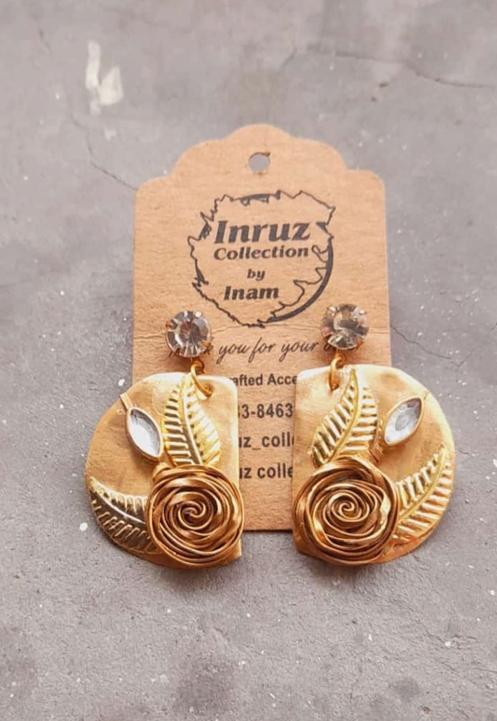 Metal Base D-Shape Rose Plant Earrings β Embellished with Flat Wires (IR224)