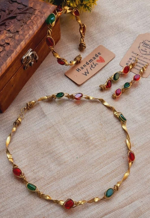 Twisted Brass Flat Wire Choker with Earrings & Handcuff β Embellished with Meron & Green Beads (IR229)