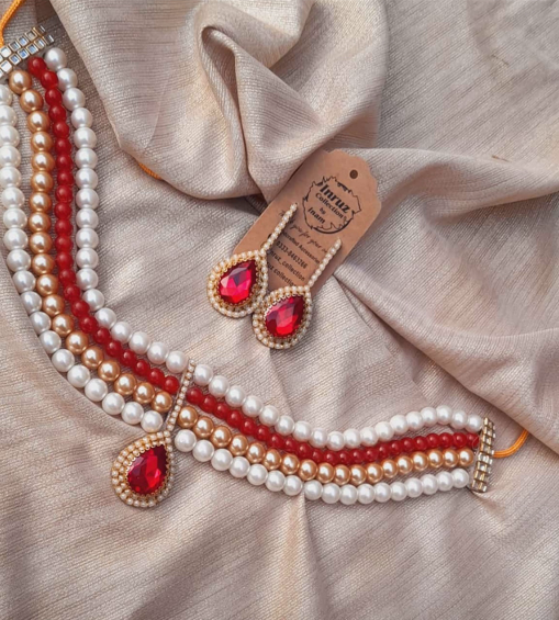 Peach Bliss: Elegant Pearl & Red Stone Jewelry Set (IR201)