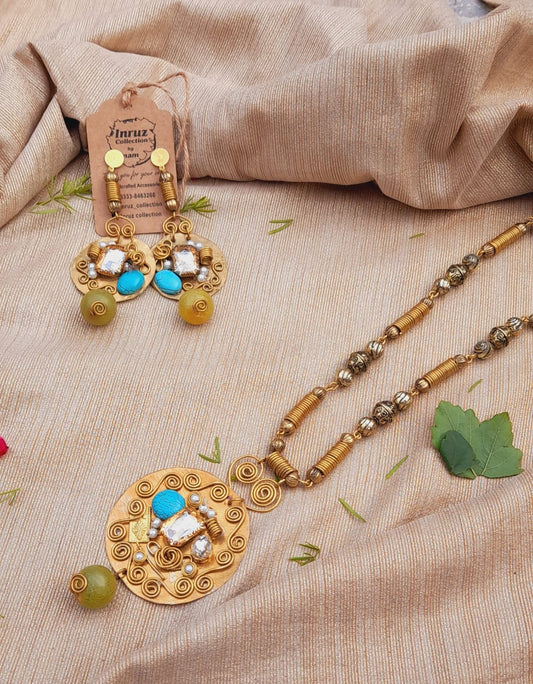 Royal Brass Long Mala & Earhanging Set – Handcrafted Elegance