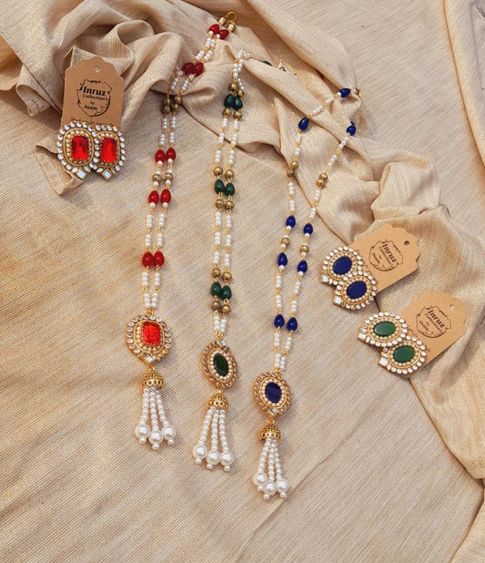 Handcrafted Tassel Pendant Set | Kundan & Semi-Precious Stones (IR242)